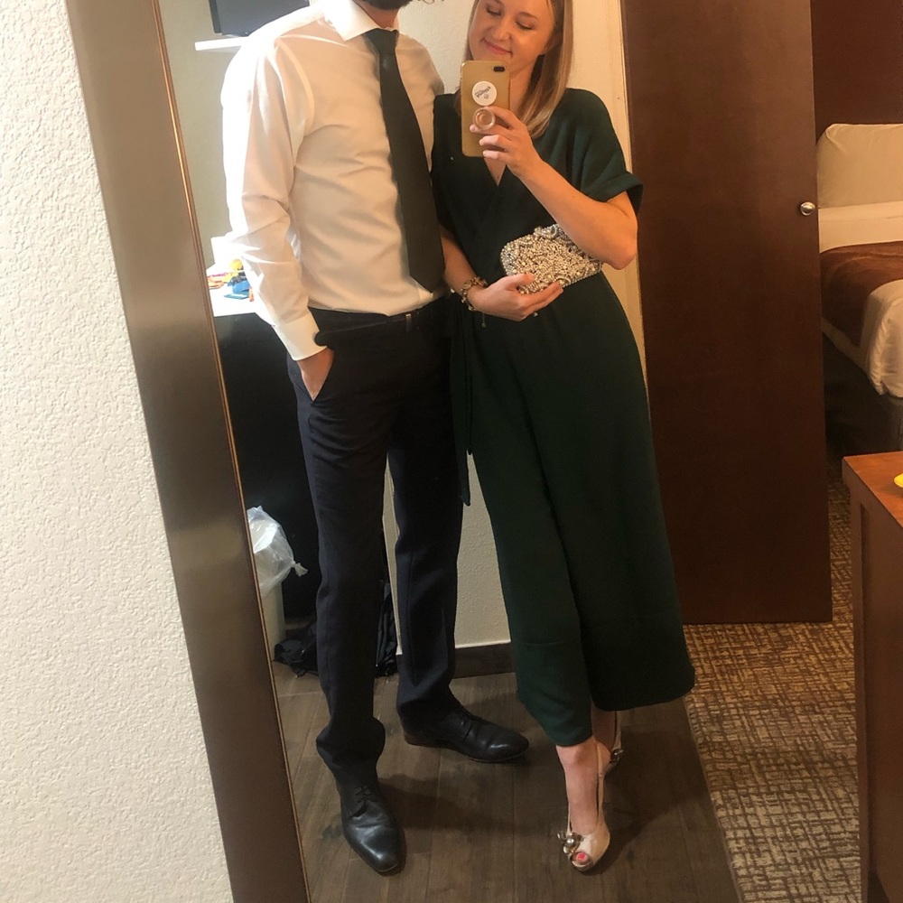 Dark Green evening jumpsuit (fall wedding guest)